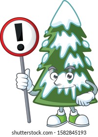 Cartoon style of christmas tree snow with sign in his hand