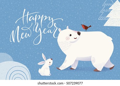 Cartoon style Christmas vector greeting card with walking polar bear with bird and rabbit