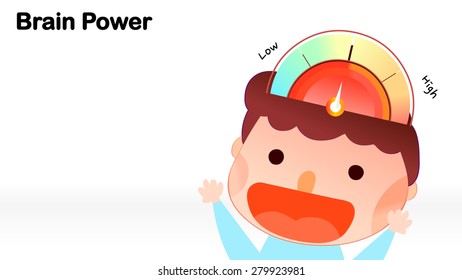 Cartoon style circular infographic brain power energy bar imagination demonstrated diagram colorful sketch chart illustration. Cute boy character vector. Background template for school educational use