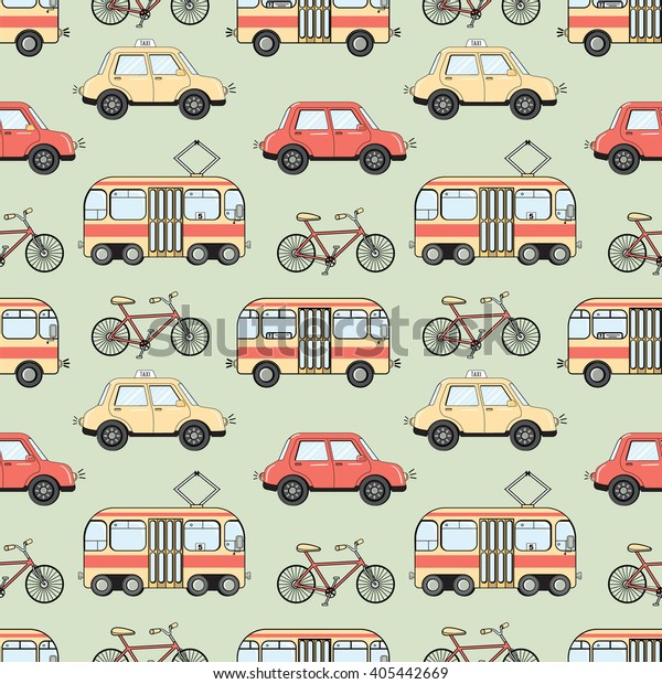 Cartoon\
style city transport - bus, tram, car, taxi vector seamless\
pattern. Bus, tram, car and taxi colorful vector illustration,\
textile, print, wrapping paper seamless\
design