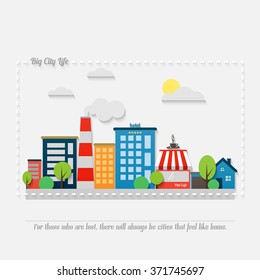 cartoon style cityscape with modern architecture, office buildings, hotel, market, park, coffee house and asphalt road. vector colorful illustration. big city life banner concept 