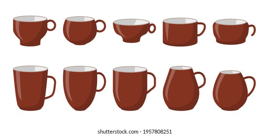 Cartoon style classic white coffee cup mockup icon set. Flat different shape empty template mug for design logo, label, tea house shop menu. Brown ceramic clean container for drink Vector illustration