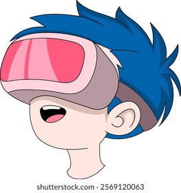 A cartoon style close up illustration of a boy with vibrant blue hair wearing a pink virtual reality headset and smiling with excitement