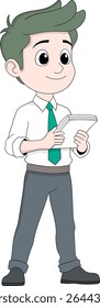 Close de um rosto masculino sorridente com cabelo loiro em forma de desenho animado, representando um funcionário tributário ou funcionário financeiro alegre