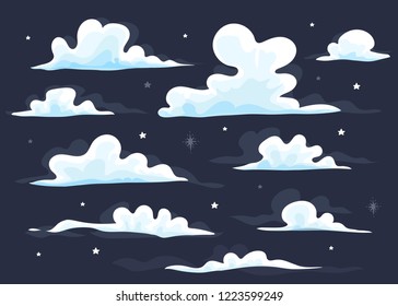 Cartoon style clouds. Dark sky background. Hand drawn colored vector set. All elements are isolated