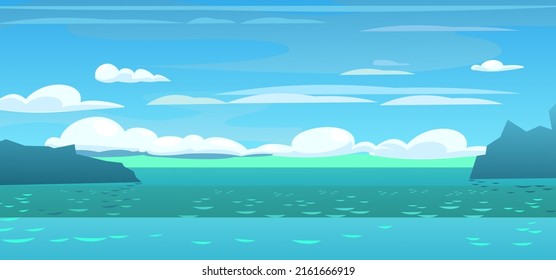 Cartoon style coastal harbor ocean. Blue sea. Marine view. Rocks with passage for ships. Sea on horizon. Summer clouds. illustration vector.