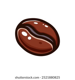 Cartoon style coffee bean illustration in dark brown with reflective highlights, creating a smooth and glossy texture. Ideal for use in coffee shop branding and product packaging