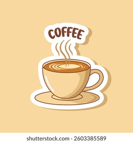 Cartoon style coffee cup illustration with steam rising against a light beige backdrop perfect for coffee shops and related designs.