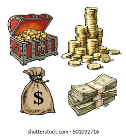 Cartoon style collection of money symbols: old chest with treasures, stack of gold  coins, sack of dollars, stack of dollar bills. Hand drawn sketch vector illustrations isolated on white background. 