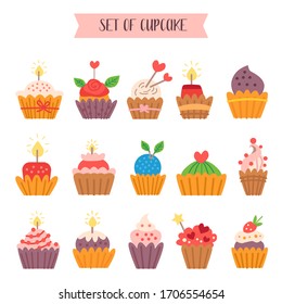 Cartoon style collection of sweet cupcakes. Vector illustration. Set of yummy muffins isolated on white background. Dessert decorated with cherry, blackberry, candle, candy, creme, chocolate.