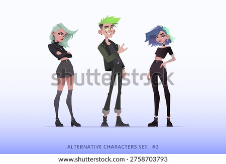 Cartoon style collection of three alternative young people. Goth girl in mesh, punk guy in leather jacket with rock sign, and alt girl with split dyed hair. Isolated on gradient