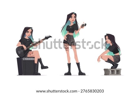 Cartoon style collection of three poses of an alt girl with green hair. Playing bass guitar on amp, holding lighter, and sitting on a concrete block. Isolated background
