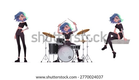 Cartoon style collection of three poses of a young alt girl with blue and green hair. Female musician standing, playing drums, and sitting on a concrete block. Isolated on white