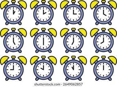 Cartoon style colored alarm clock icon set, suitable for educational, UI, infographic design. Vector format, easy to change and use.