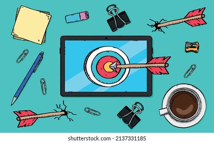 Cartoon style colorful illustration of arrow inside target on top of the office desk. Two arrows missed the target. Hand drawn vector illustration.