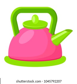 Cartoon style colorful kettle vector illustration isolated on white background. Toy teapot kettle in pink and green colors, bright dishware kitchen item