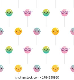 Cartoon style colorful lollipops, sugar candy on stick characters vector seamless pattern background for confectionery design.