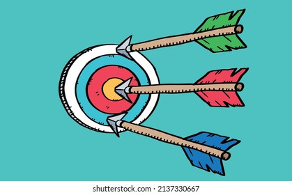 Cartoon style colorful vector illustration of three arrow inside target ring.