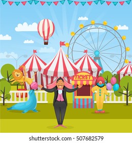 Cartoon style composition with amusement park and circus artists with tents and flying air balloon vector illustration