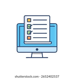 Um monitor de computador estilo cartum exibe uma lista de verificação on-line mostrando tarefas concluídas e incompletas com um fundo branco.