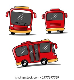 Cartoon style concept of public transport. Set of red city bus with front, back and side view vector illustration.