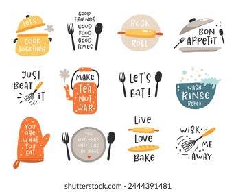 Cartoon style cooking lettering icons set. Hand drawn vector illustration. For badges, labels, logo, bakery, street festival, farmers market, country fair, shop, kitchen classes, cafe, food studio