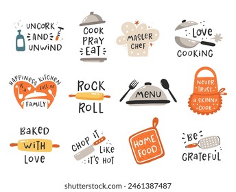 Cartoon style cooking lettering icons set. Hand drawn vector illustration. For badges, labels, logo, bakery, street festival, farmers market, country fair, shop, kitchen classes, cafe, food studio