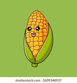 Cartoon style corn cob smiles with husk visible against a green background Perfect for educational or food related designs