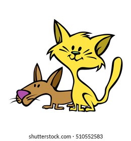 Cartoon style of a couple of home pets, a fun cat and  best friends a dog. In vector format.