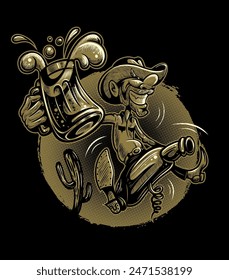 Cartoon style cowboy character, rides a bottle with the beer mug in his hand.