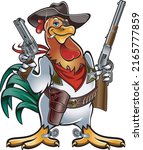 Cartoon style cowboy rooster holding guns