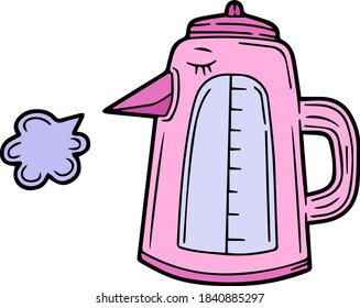 Cartoon style. Cozy home. Nice boiling electric kettle. Kitchen appliances and accessories. Menu. Rest, cozy home. Tea time, break. Single design element. Clipart. Scandinavian. Logo. Pastel colors. 
