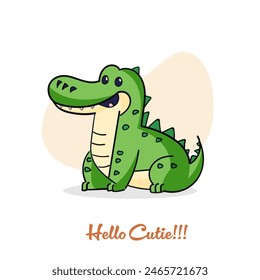 Cartoon style Crocodile illustration with hello cutie written. Animal nature wallpaper concept. Crocodile isolated on plain background.