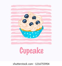 Cartoon style cupcake with whipped cream and blueberry in the blue paper holder vector icon on the pink striped background