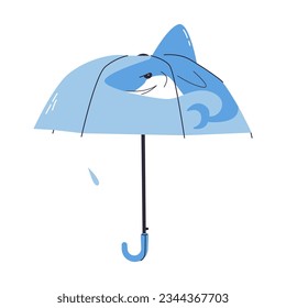 Cartoon style cute baby shark umbrella, cozy isolated vector illustration on white background. Children's illustration of an umbrella for web design, banners and stickers.