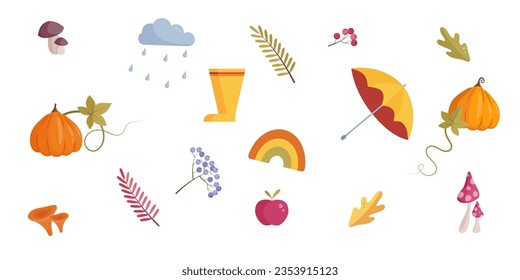 Cartoon style cute and colorfull autumn vibe set with pumpkins, apple, mushrooms, leaves, berries, rainbow, rainy cloud, umbrella, wellington boots.