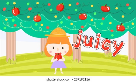 cartoon style cute girl with straw hat eating an apple illustration/ painting of apple tree garden, juicy fruit