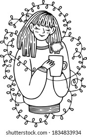 Cartoon style. A cute girl in a sweater drinks hot tea. Cozy home. Christmas garlands. Single design element. Clipart. Children's coloring. Line art, contour. Christmas theme, New Year, Winter. 