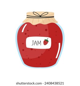 Cartoon style cute glass jar with strawberry jam.