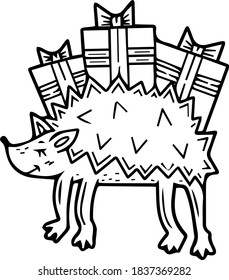 Cartoon style. A cute hedgehog carries boxes with gifts. Business and delivery. Holidays, Christmas, February 14th. Single element for design. Clipart. Children's coloring. Line art, contour. 