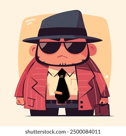 A cartoon style cute mafia character vector illustration, holding briefcase. Red suit with hat and glasses, mafia character for sticker and t-shirt print