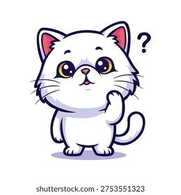 Cartoon Style Cute Pondering Cat Character with Question Mark Illustration