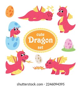 Cartoon Style Cute Red Dragon Set, Fairy Tale Character, Adorable Fantastic Creaturs, Vector Illustration