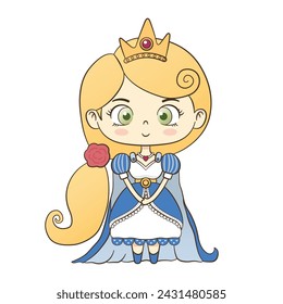 Cartoon style cute yellow long haired little princess with white and blue dress wearing a crown standing smiling illustration