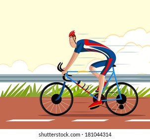 cartoon style cyclist riding sports cycle in vector