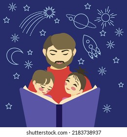 Cartoon style. Dad reads a big book to his daughter and son. Vector illustration