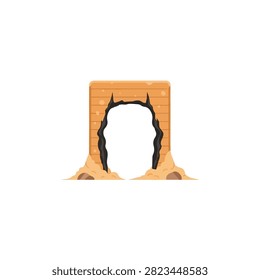 Cartoon Style Damaged Brick Wall with Large Hole and Debris Illustration Isolated on White Background
