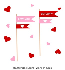 Cartoon style decorative greeting flags with heart elements and love messages – Ideal for romantic designs, celebration graphics, and greeting cards