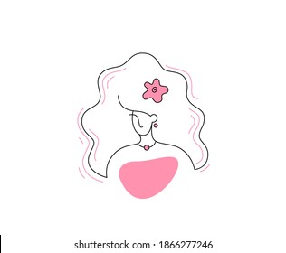 Cartoon style. Delicate vector illustration for female business, the image of a female face. Linear drawing, natural beauty and youth. Portrait of a Hawaiian girl with dark hair. Logo for spa salon