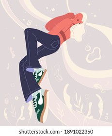 Cartoon style. Delicate vector illustration for female business, the image of a female figure. A beautiful, slender girl in jeans and sneakers, natural beauty and youth.